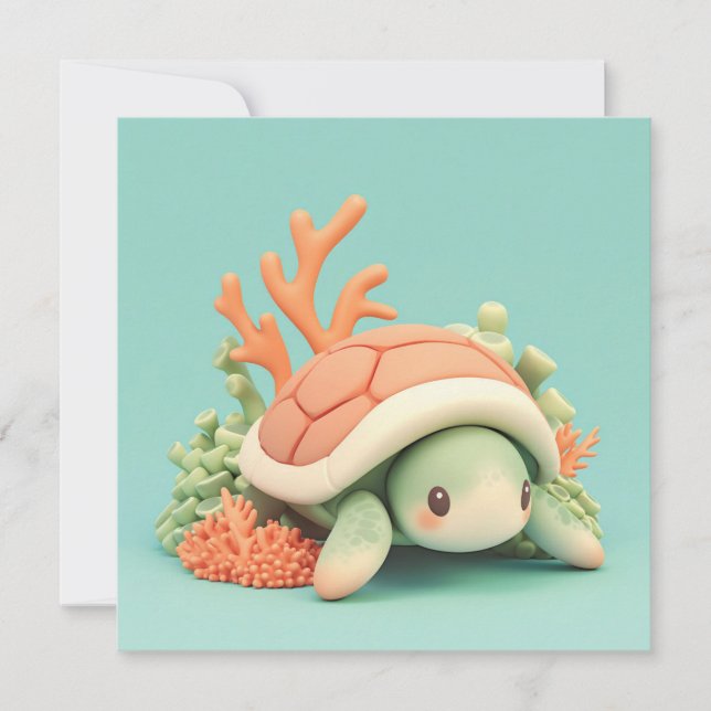 Tarjeta postal de tortuga marina de arcilla 3D con (Anverso)