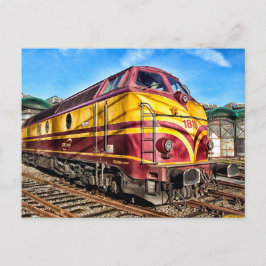 Tarjeta postal de tren de locomotora roja y amaril