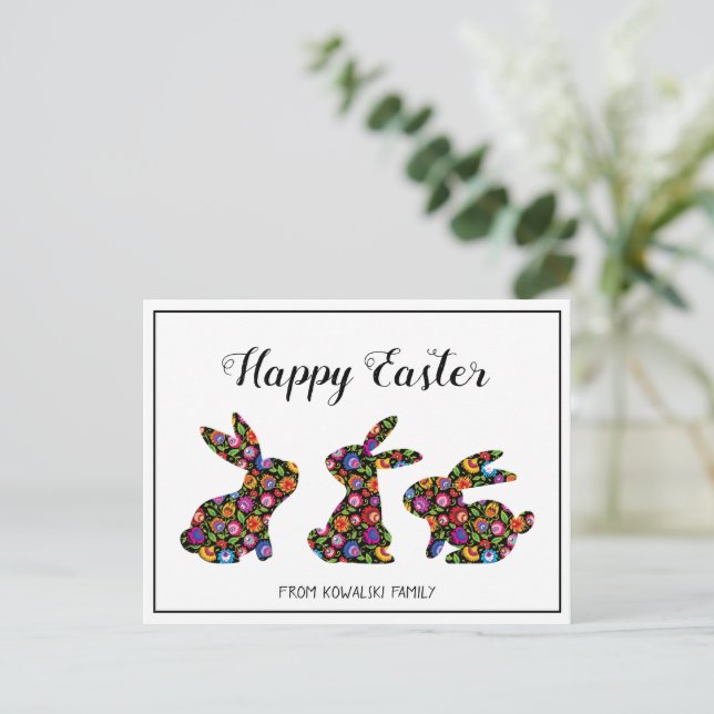 Tarjeta postal de tres conejos de Pascua del folcl (Anverso de pie)