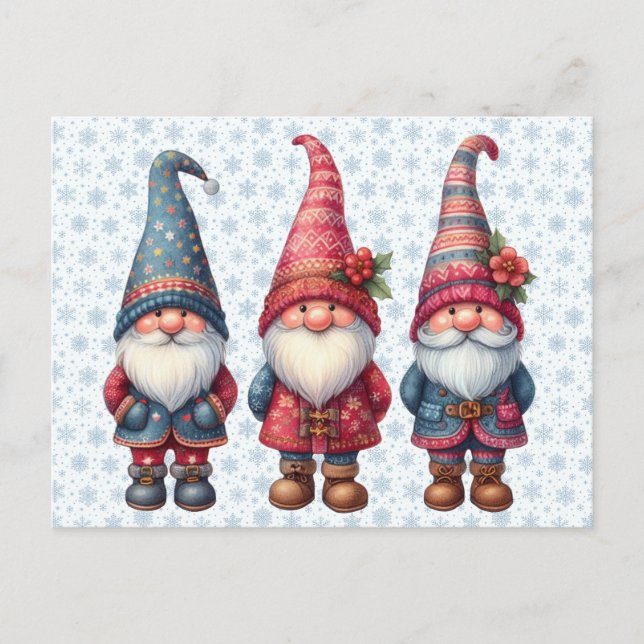 Tarjeta postal de trío para navidades Gnomes (Anverso)