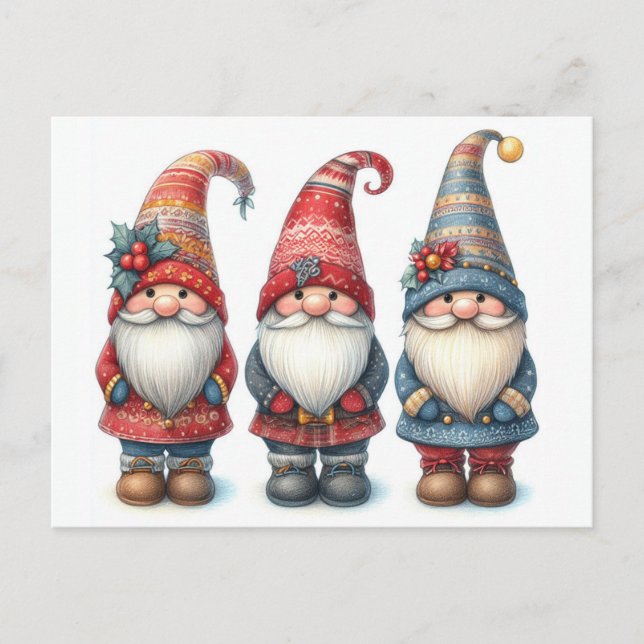 Tarjeta postal de trío para navidades Gnomes (Anverso)