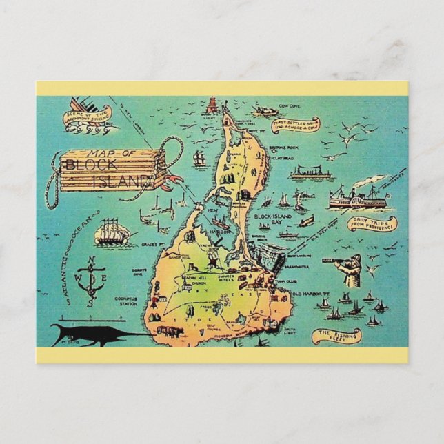 Tarjeta postal de un antiguo mapa de Block Island (Anverso)