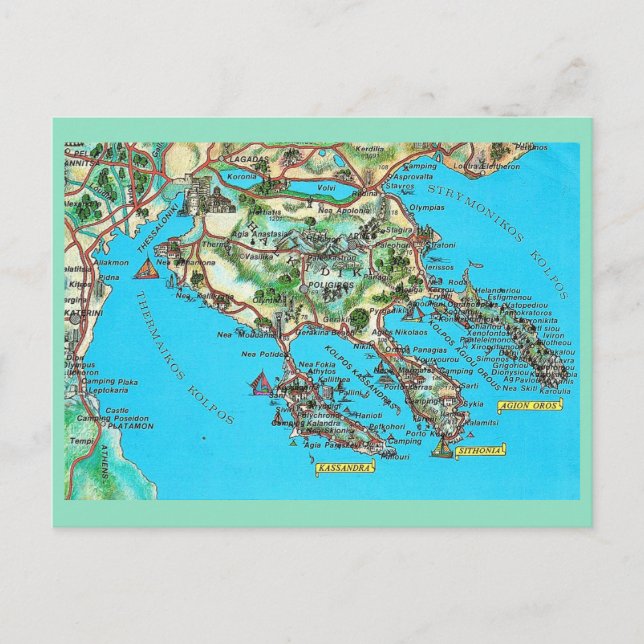 Tarjeta postal de un mapa antiguo de Halkidiki Gre (Anverso)