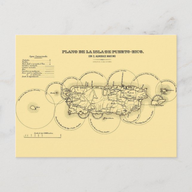 Tarjeta postal de un mapa antiguo de los faros de  (Anverso)