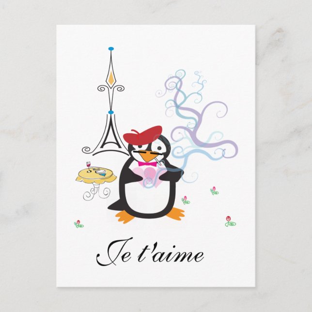 Tarjeta postal de un pingüino en París (Anverso)