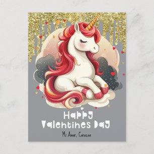 Tarjeta postal de unicornio con corazones para el