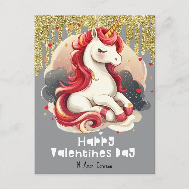 Tarjeta postal de unicornio con corazones para el  (Anverso)