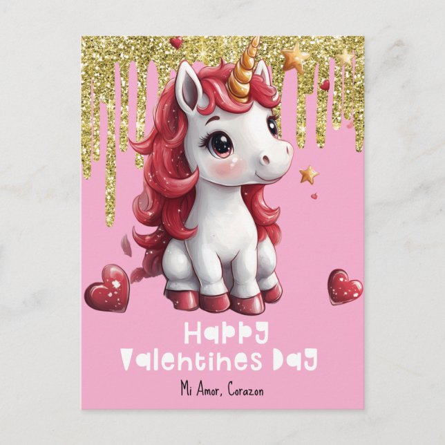 Tarjeta postal de unicornio con corazones y brillo (Anverso)