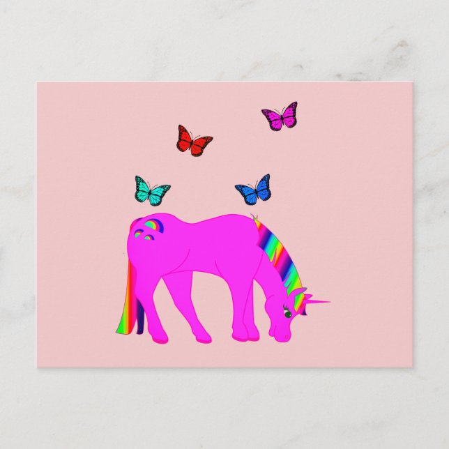Tarjeta postal de Unicornio Púrpura y Mariposas (Anverso)