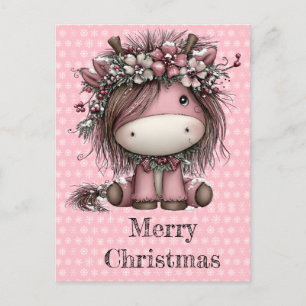 Tarjeta postal de unicornio rosa de Navidad