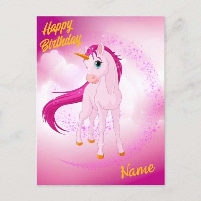 Tarjeta postal de unicornio rosa: regalo de cumple (Anverso)