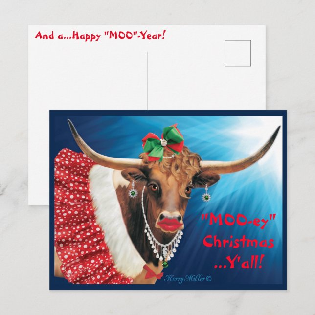 Tarjeta postal de vaca Longhorn de Navidad (Anverso / Reverso)