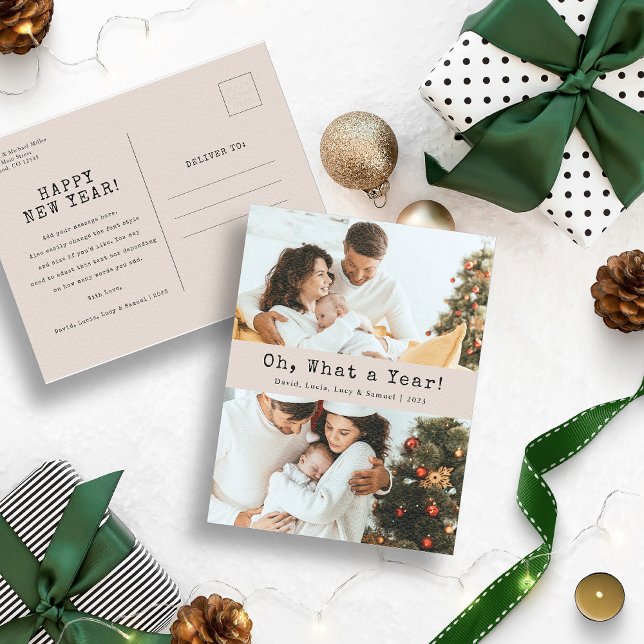 Tarjeta postal de vacaciones con foto neutral (Oh, What a Year Christmas Holiday Tan and Black Postcard)