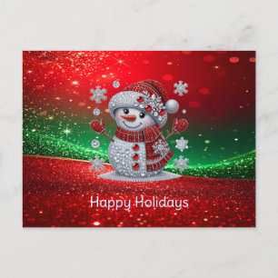 Tarjeta postal de vacaciones con muñeco de nieve y