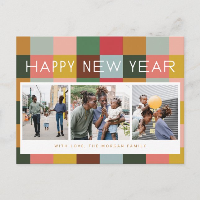 Tarjeta postal de vacaciones de cheques coloridos (Anverso)