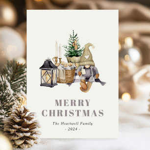 Tarjeta postal de vacaciones de gnomos hygge rústi
