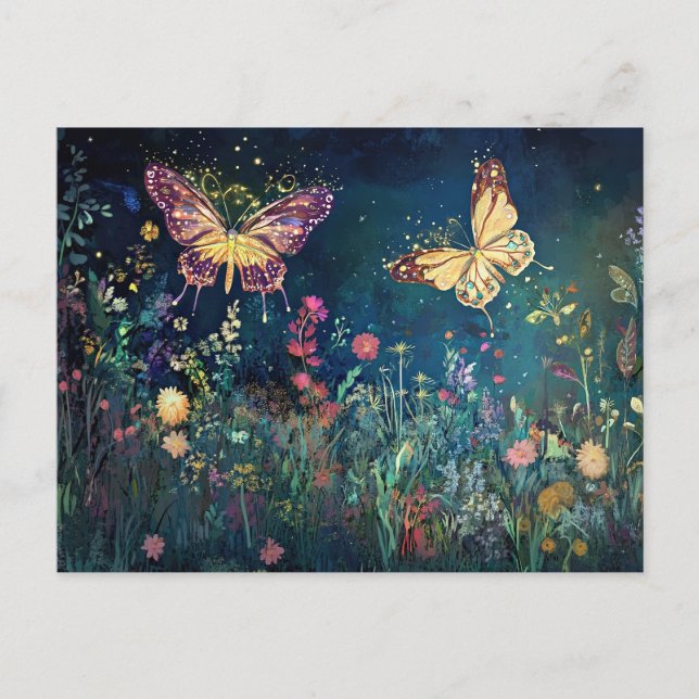 Tarjeta postal de vacaciones de prado y mariposas  (Anverso)