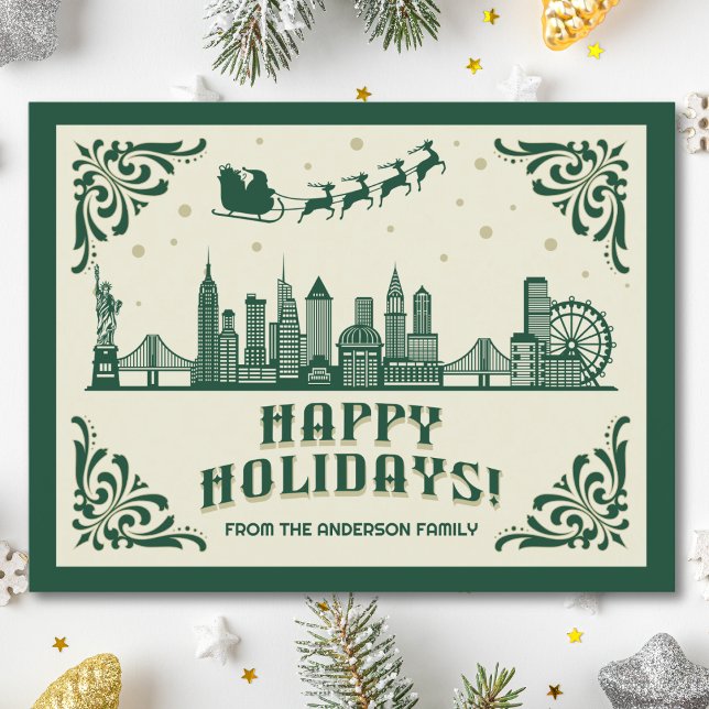 Tarjeta postal de vacaciones felices para la línea (Happy Holidays New York City skyline cityscape christmas postcard customizable real estate Santa )