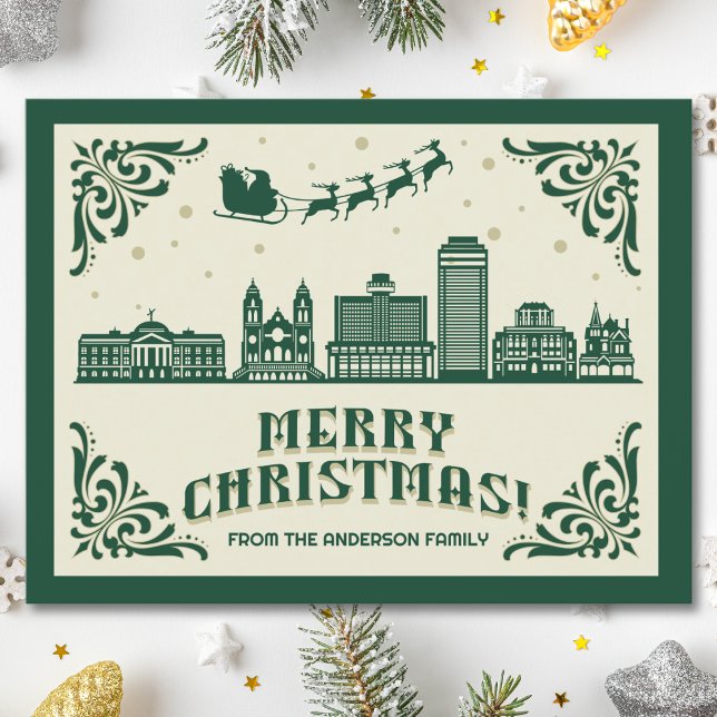 Tarjeta postal de vacaciones para Navidades de lín (Phoenix, AZ skyline christmas card green modern merry christmas postcard with custom details)