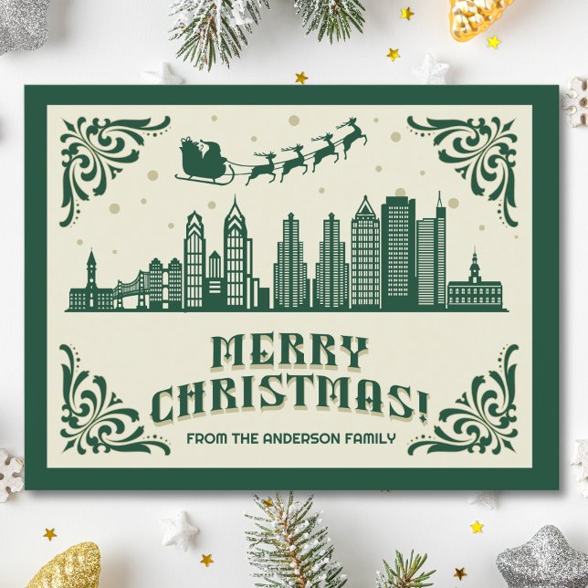 Tarjeta postal de vacaciones para Navidades de lín (Philadelphia, PA skyline christmas card green modern merry christmas postcard with custom details)