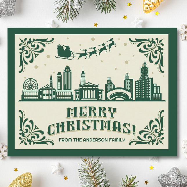 Tarjeta postal de vacaciones para Navidades de lín (Chicago, IL skyline christmas card green modern merry christmas postcard with custom details)