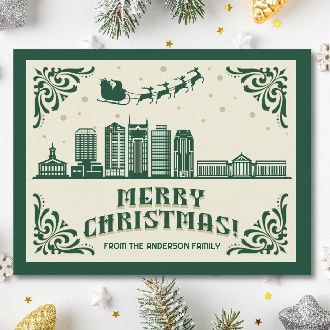 Tarjeta postal de vacaciones para Navidades de Nas (Nashville, TN skyline christmas card green modern merry christmas postcard with custom details)