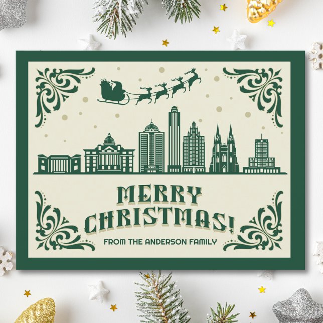 Tarjeta postal de vacaciones para Navidades del Sk (Houston, TX skyline christmas card green modern merry christmas postcard with custom details)