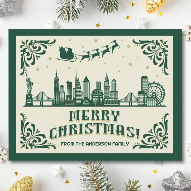 Tarjeta postal de vacaciones para Navidades del Sk (New York, NY NYC skyline christmas card green modern merry christmas postcard with custom details)