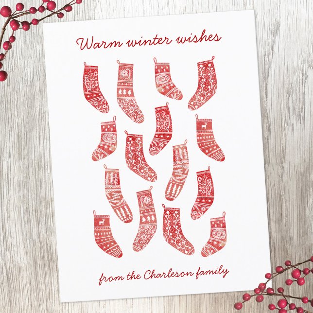 Tarjeta postal de vacaciones para Navidades nórdic (Nordic Christmas Stockings red and white personalized holiday postcard)
