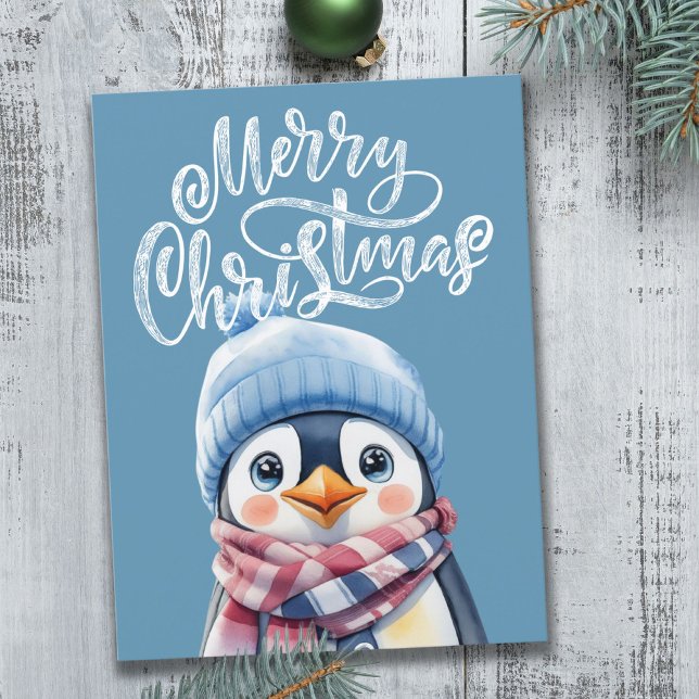 Tarjeta postal de vacaciones para niños con Navida (Blue Penguin Christmas Holiday Postcard for Kids)