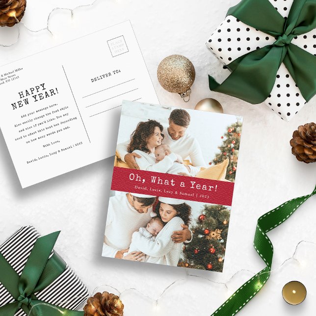 Tarjeta postal de vacaciones Red What A Year (Red and White Oh, What A Year Photo Christmas Holiday Postcard)