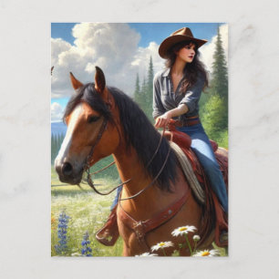 Tarjeta postal de vaquera montando a caballo al es