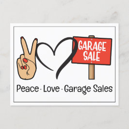 Tarjeta postal de ventas de garage, paz, amor