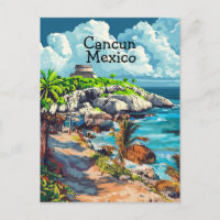 Tarjeta postal de viaje a Cancún México, arte de C