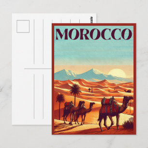 tarjeta postal de viaje a marruecos con camellos e