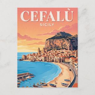 Tarjeta postal de viaje antigua Cefalù, Italia