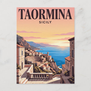 Tarjeta postal de viaje antigua Taormina, Italia