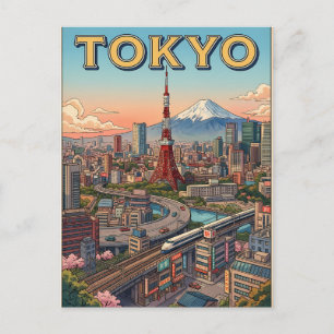 Tarjeta postal de viaje de anime vintage de Tokio