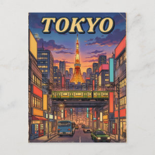 Tarjeta postal de viaje de anime vintage de Tokio