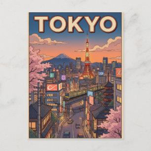 Tarjeta postal de viaje de anime vintage de Tokio