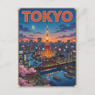 Tarjeta postal de viaje de anime vintage de Tokio