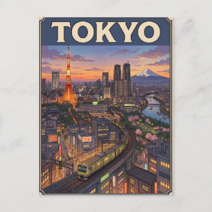 Tarjeta postal de viaje de anime vintage de Tokio