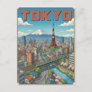 Tarjeta postal de viaje de anime vintage de Tokio