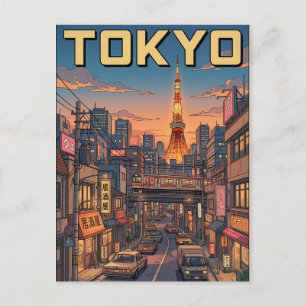Tarjeta postal de viaje de anime vintage de Tokio