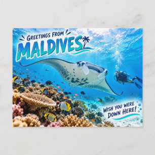 Tarjeta postal de viaje de buceo en Maldivas