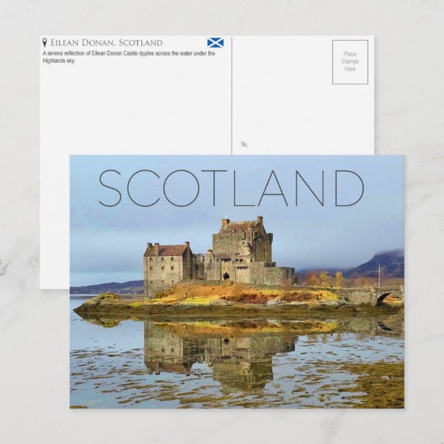 Tarjeta postal de viaje de Eilean Donan, Escocia (Anverso / Reverso)