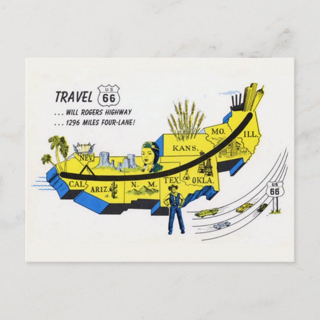 Tarjeta postal de viaje de la ruta 66 de EE. UU.  (Anverso)