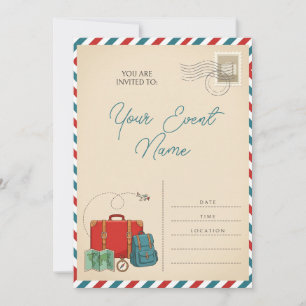 Tarjeta postal de viaje de maleta roja por correo 