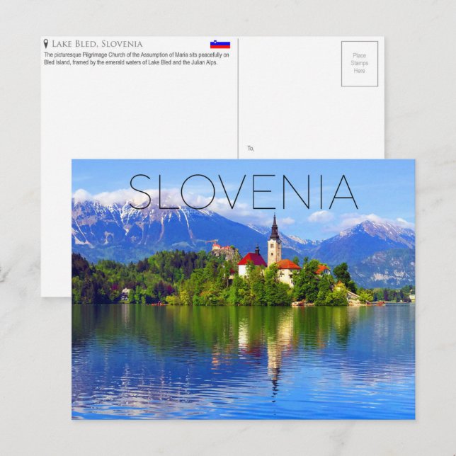 Tarjeta postal de viaje del lago Bled, Eslovenia (Anverso / Reverso)