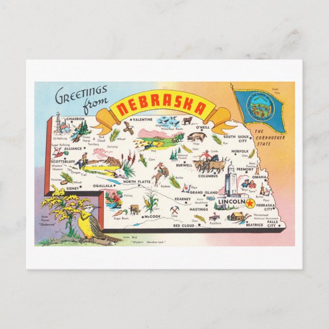Tarjeta postal de viaje del mapa de Nebraska vinta (Anverso)